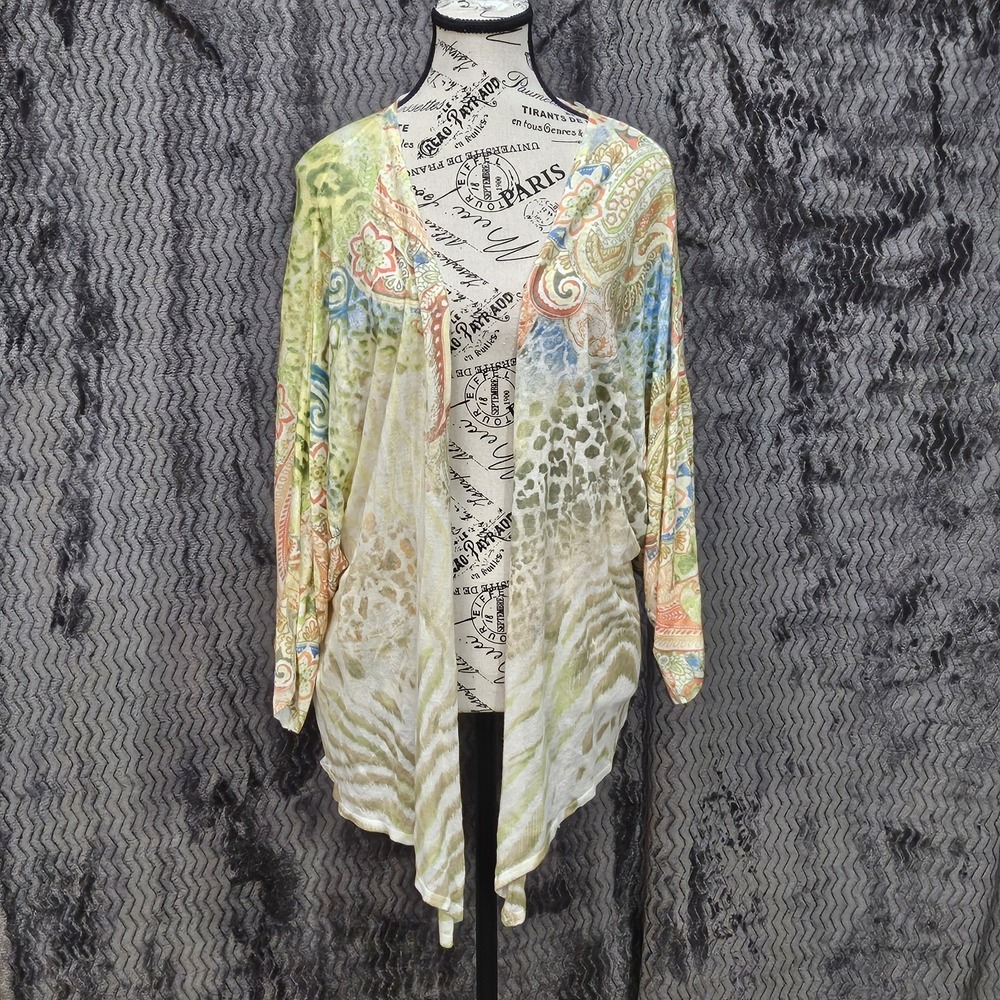 Chicos Paisley Cardigan Sweater Women 2/Large Semi Sheer Coastal Resort Festival
